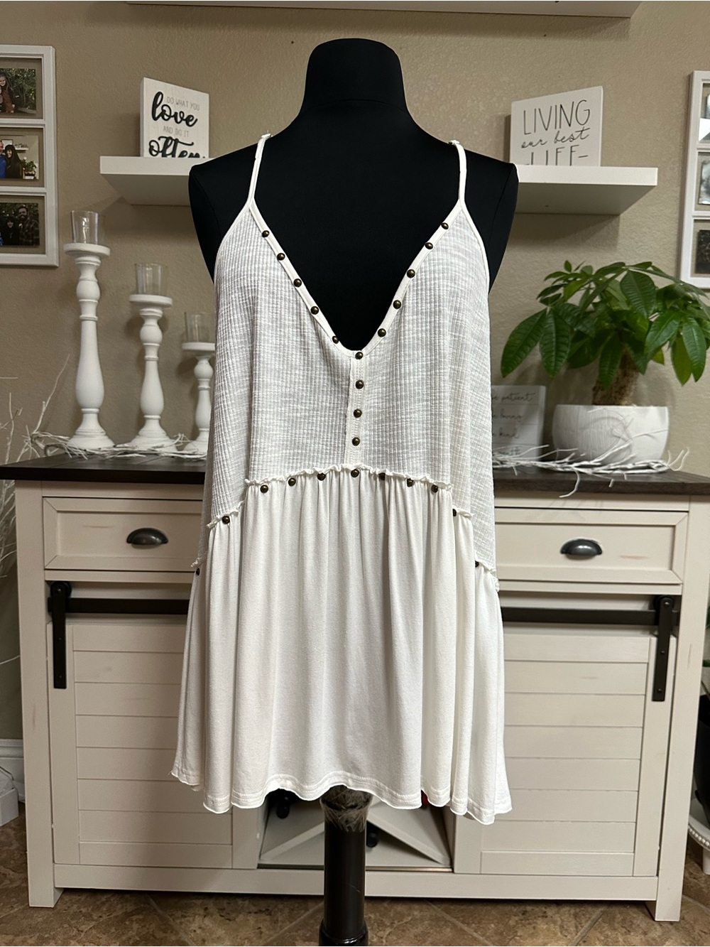 Vici White Spaghetti Strap V-Neck Babydoll Tank with Stud Accents